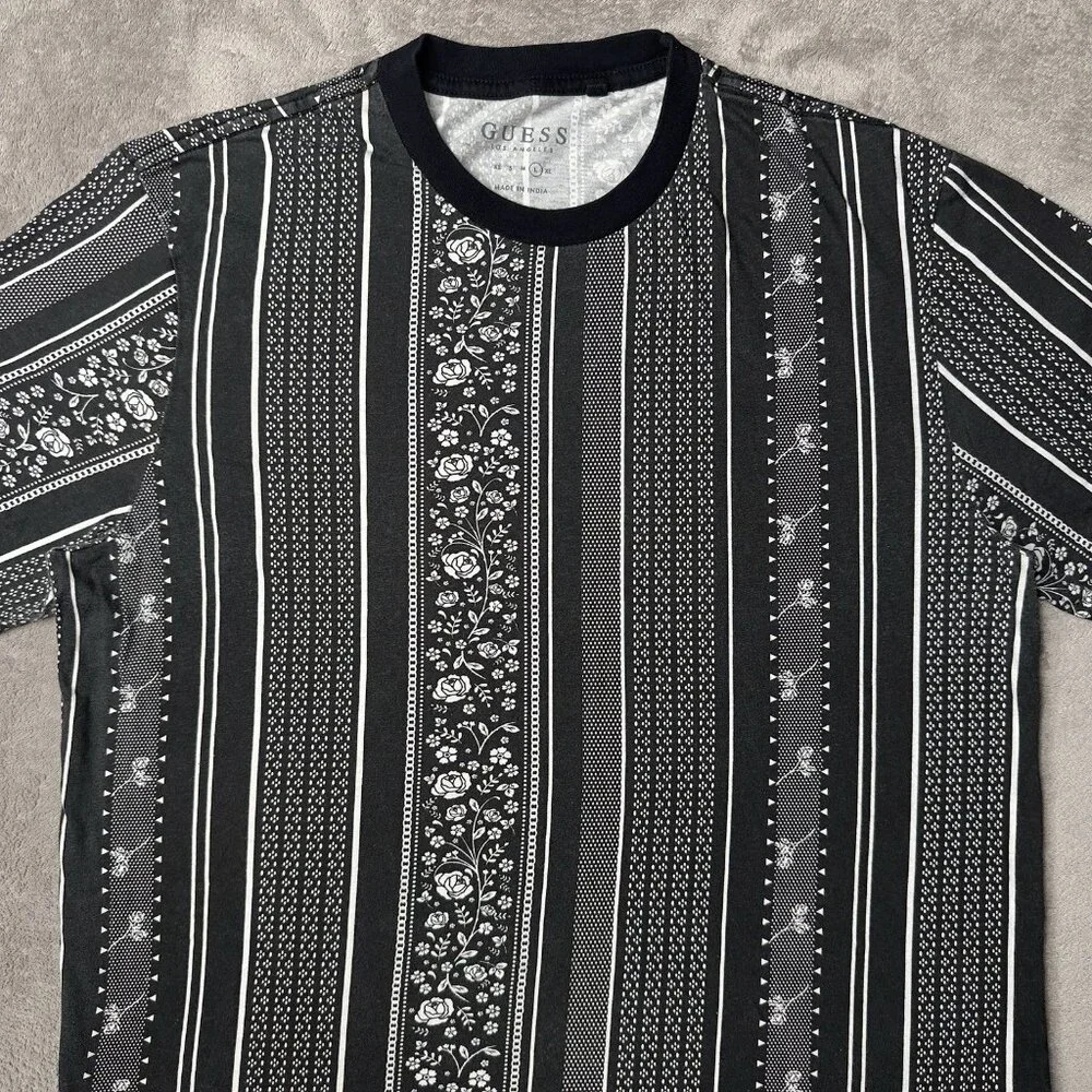 Guess T-Shirt Men's L Black White Floral Vertical Stripe Dark Luxury Urban Retro - Picture 4 of 13